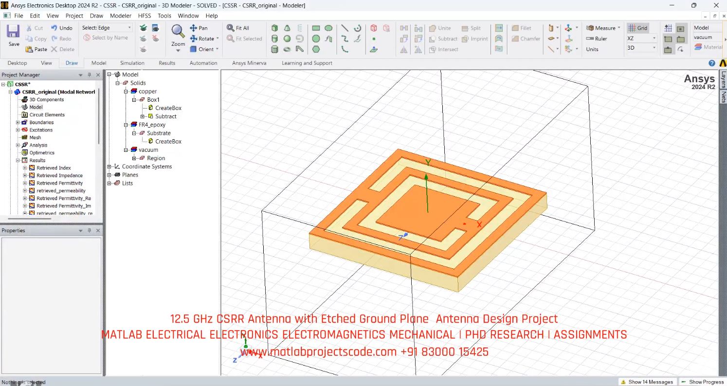12.5 GHz CSRR Antenna With Etched Ground Plane Antenna Design Project simulation output thumbnail