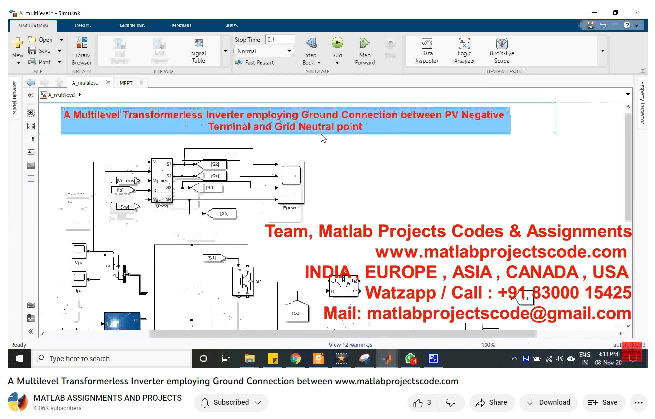 A Multilevel Transformerless Inverter Employing Ground Connection Between-Matlab Simulink-Electrical Assignments-Projects-Phd Research project simulation thumbnail for Renewable Energy Engineering