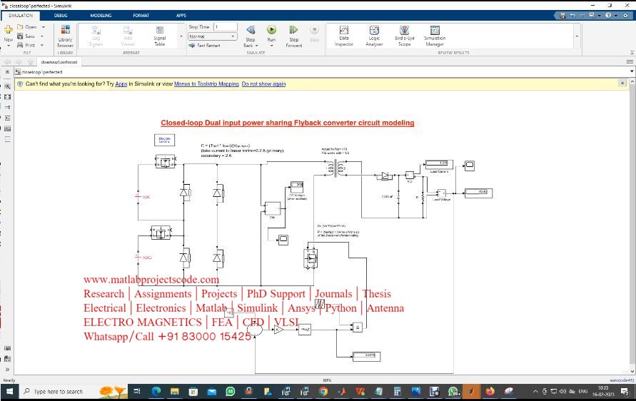Closed Loop Dual Input Source Dc Dc Flyback Converter Using Matlab Simulink project simulation thumbnail for Power Electronics Engineering
