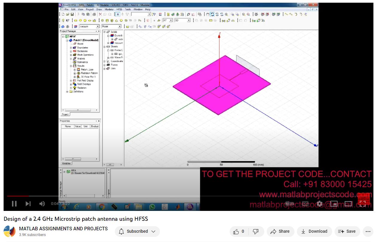 Design of a 2.4 GHz Microstrip Patch Antenna using HFSS project simulation thumbnail for Electromagnetics and RF Engineering