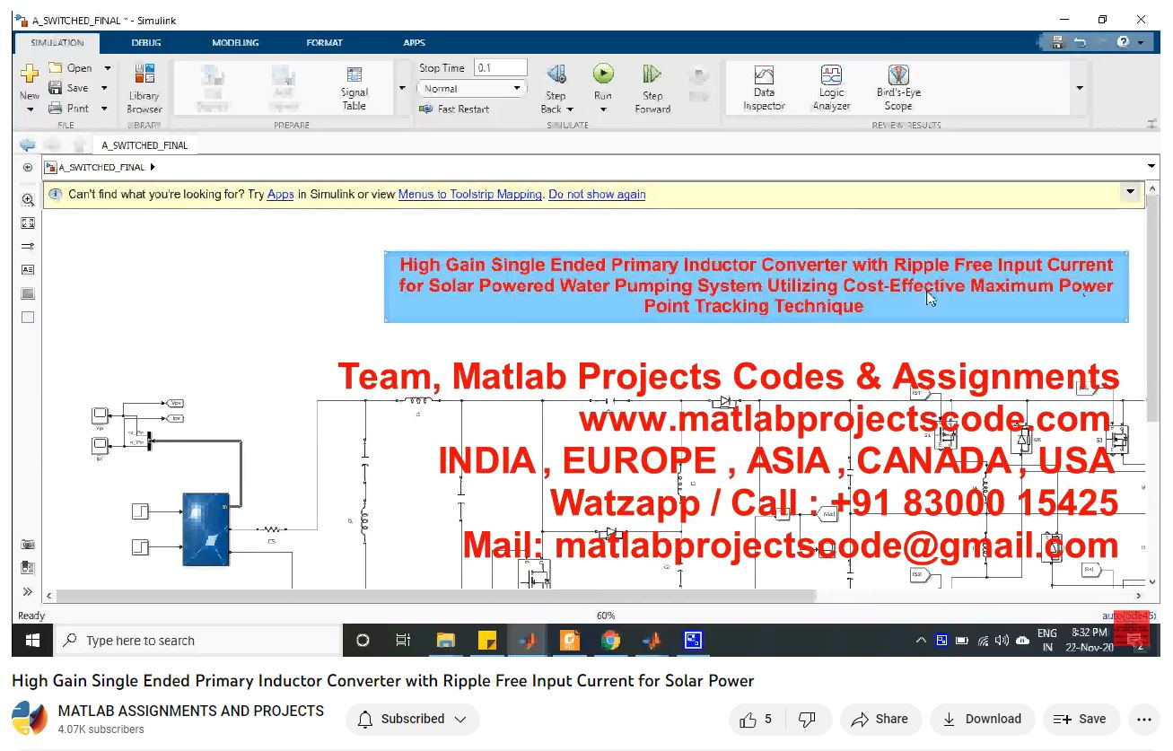 High Gain Single Ended Primary Inductor Converter With Ripple Free Input Current For Solar Power-Matlab Simulink-Electrical Assignments-Projects-Phd Research project simulation thumbnail for Renewable Energy Engineering