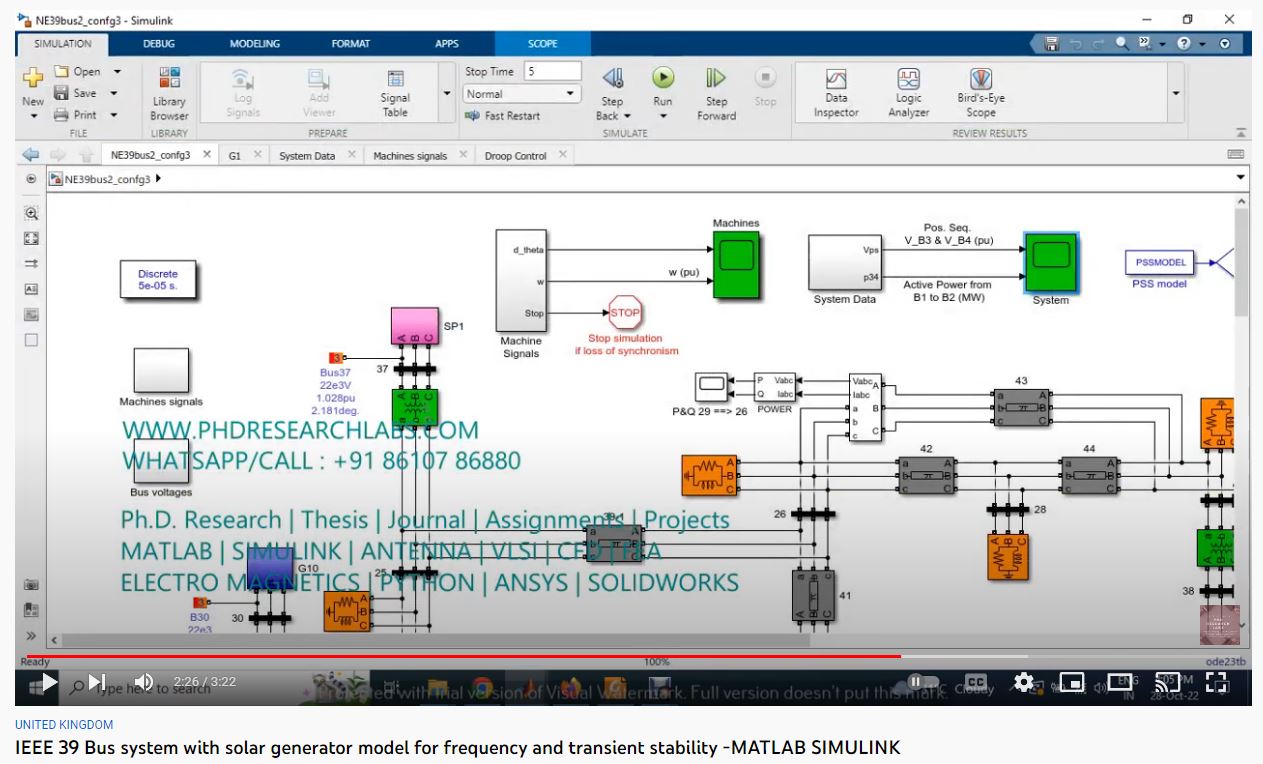 IEEE 39 Bus System with Solar Generator Model for Frequency and Transient Stability project simulation thumbnail for Renewable Energy Engineering