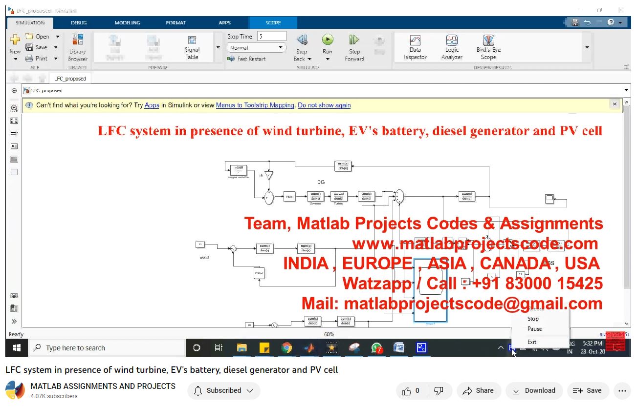 Lfc System In Presence Of Wind Turbine Ev S Battery Diesel Generator And Pv Cell-Matlab Simulink-Electrical Assignments-Projects-Phd Research project simulation thumbnail for Renewable Energy Engineering