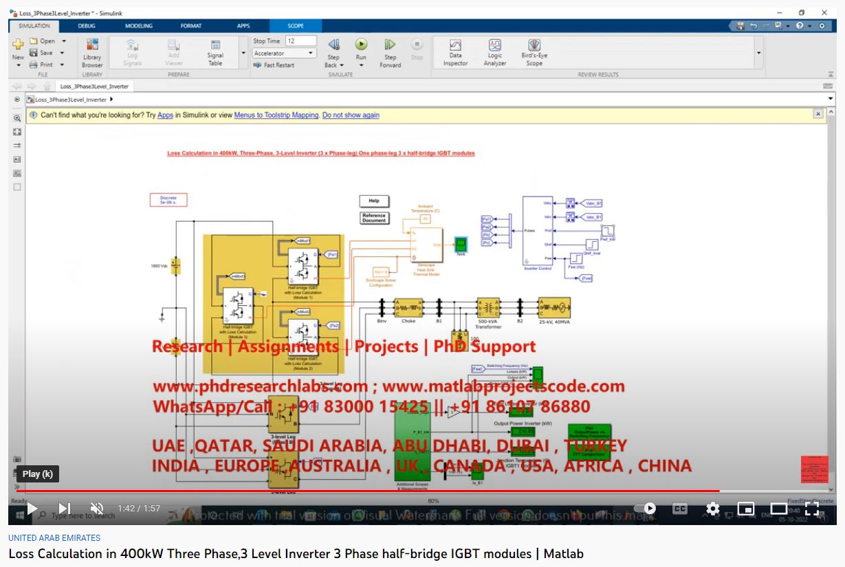 Loss Calculation in 400kW, Three-Phase, 3-Level Inverter (3 X Phase-Leg) One Phase-Leg 3 X Half-Bridge IGBT Modules project simulation thumbnail for Renewable Energy Engineering