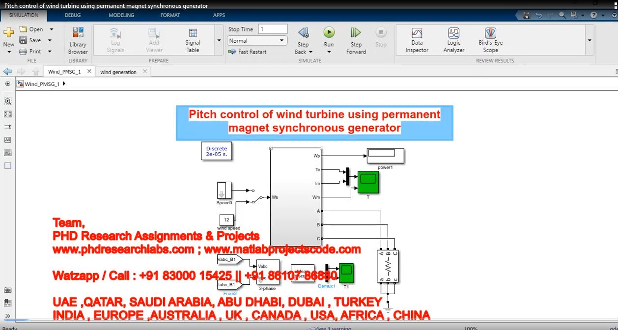 Pitch Control of Wind Turbine using Permanent Magnet Synchronous Generator project simulation thumbnail for Renewable Energy Engineering
