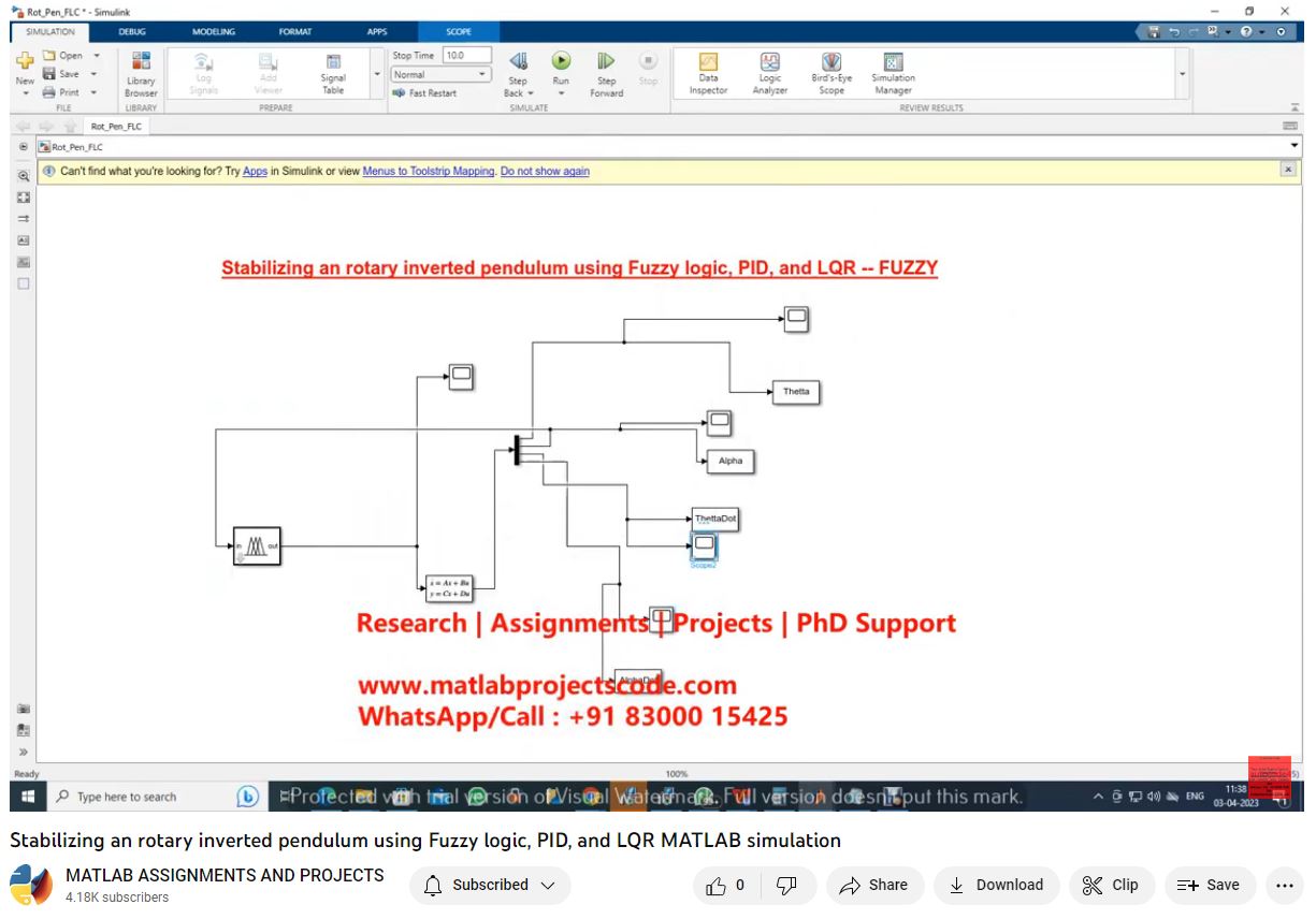 Stabilizing An Rotary Inverted Pendulum Using Fuzzy Logic Pid And Lqr Matlab Simulation project simulation thumbnail for Mechanical, EV and Mechatronics Engineering