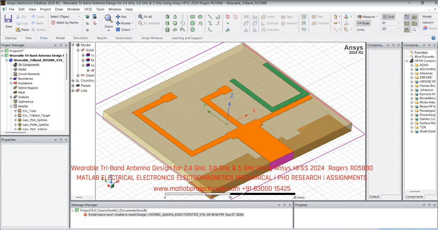 Wearable Tri-Band Antenna Design for 2.4 GHz, 3.8 GHz & 5 GHz Using Ansys HFSS 2024 Rogers RO5880 project thumbnail image