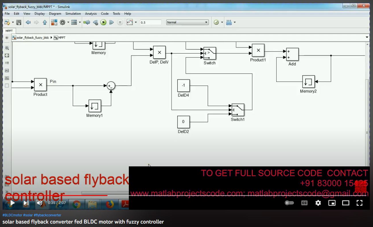 Solar based Flyback Converter Fed BLDC Motor with Fuzzy Controller project simulation thumbnail for Renewable Energy Engineering